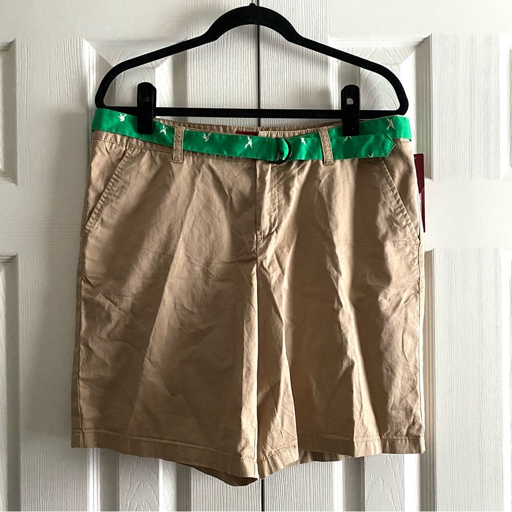 100% COTTON KHAKI SHORTS ANIMAL PRINT D RING BELT RESORT VACATION PREPPY Tan 12